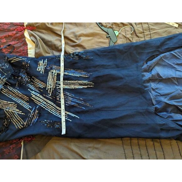 BCBGMAXAZRIA one shoulder blue high-low silk mesh metallic paint dress sz 8 euc - Picture 5 of 7